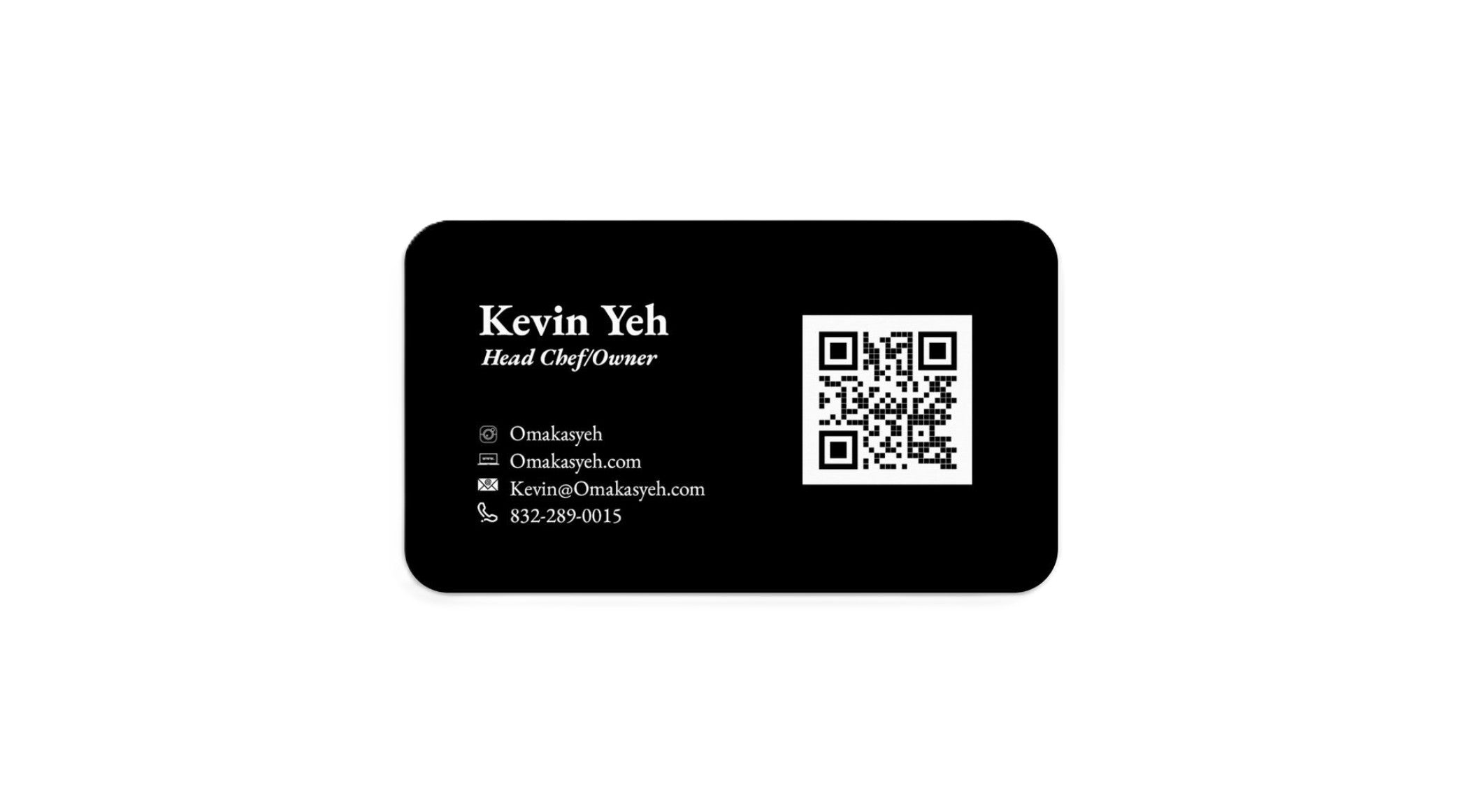 Black business card with white text and QR code on a white background